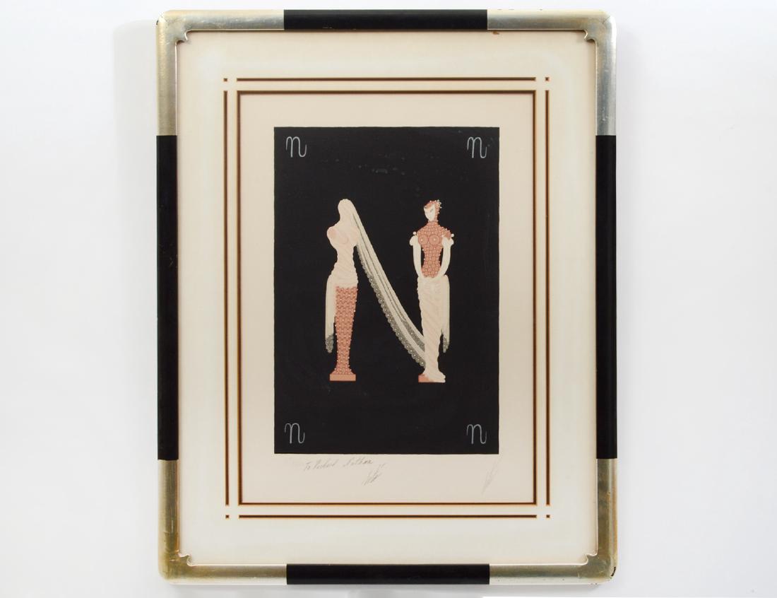 ROMAIN DE TIRTOFF ERTE (French. 1892-1990): “N” from the Alphabet Series. Signed l/r. Numbered 278/350. Personal inscription lower center. Serigraph in Colors. Measuring 15 3/4” by 10 1/2”. Framed under Plexiglas. (Cond: minor toning) (