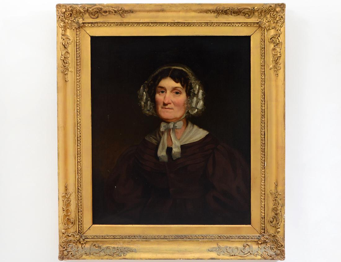 AMERICAN SCHOOL (19th Century): “Portrait of a Lady in a Cap”. No visible signature. Verso inscribed Archibald Stodart. Sitter identified as Mrs. Peterson. Age 53. Painted 1830. Oil on Canvas. Measuring 30” by 25”. Framed. (