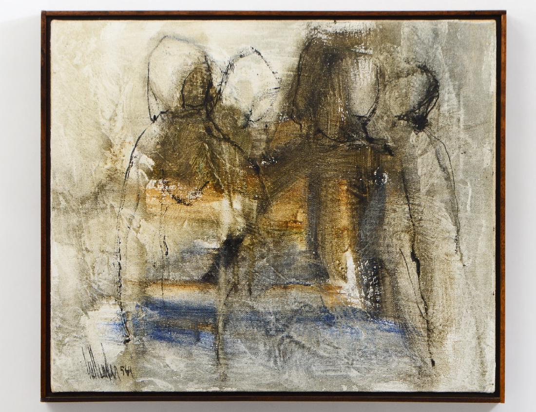 GINO HOLLANDER (American. 1924-2015): “Abstracted Figures”. Signed l/l and dated 5/64. Oil on Canvas. Measuring 20” by 24”. Framed. (Cond: good) (300/400)