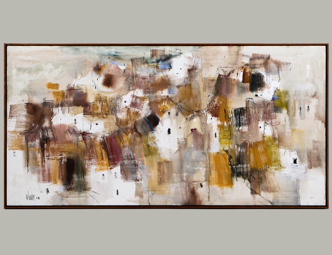GINO HOLLANDER (American. 1924-2015): “Abstract Village Scape”. Signed l/l. Dated 3/61. Oil on Canvas. Measuring 33 1/2” 66”. Framed. (Cond: good) (400/600)