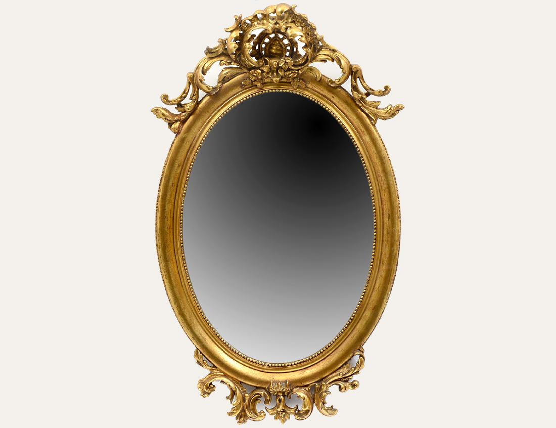 FRENCH ROCOCO STYLE CARVED GILTWOOD OVAL MIRROR (1 of 3)