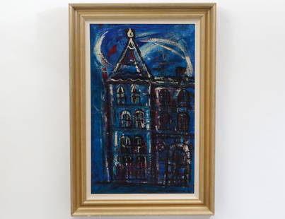 WALTER SANFORD (American. 1912-1987): “The Haunted House”. No visible signature. Oil on Board. Measuring 28” by 17”. Framed. (Cond: good) (600/800)