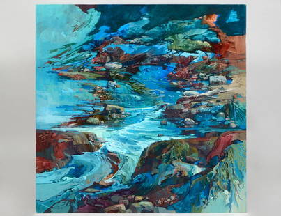 LAURENCE SISSON (American. 1928-2015): “Tide Pool Fantasy”. Signed l/l. Oil on Panel. Measuring 44” by 44”. Unframed. (Cond: good) (2000/3000)