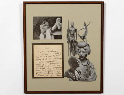 AUTOGRAPHED LETTER BY MALVINA HOFFMAN (American.: On paper with letterhead for 157 East 35 St. New York. Measuring 61/2” by 6”. Together with a print of the artist finishing the head of “England” in London and various other sculptures. Framed