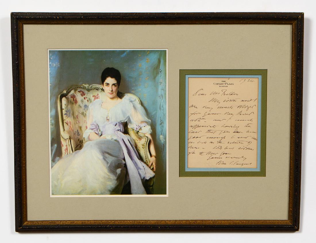 AUTOGRAPHED LETTER BY JOHN SINGER SARGENT (American.: Letter dated January 6th, 1924. On paper from the Copley-Plaza Hotel, Boston. Together with a print of “Lady Agnew of Lochnaw”. Letter measuring 6” by 4 3/4”. Framed together under Plexiglas. 