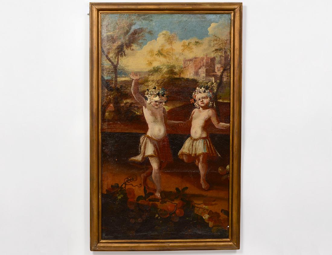 CONTINENTAL SCHOOL (18th Century): “Two Girls Dancing”. No visible signature. Oil on Canvas. Measuring 53” by 30 1/2”. Framed. (Cond: repair to upper left quadrant, crazing, paint loss) (500/700)