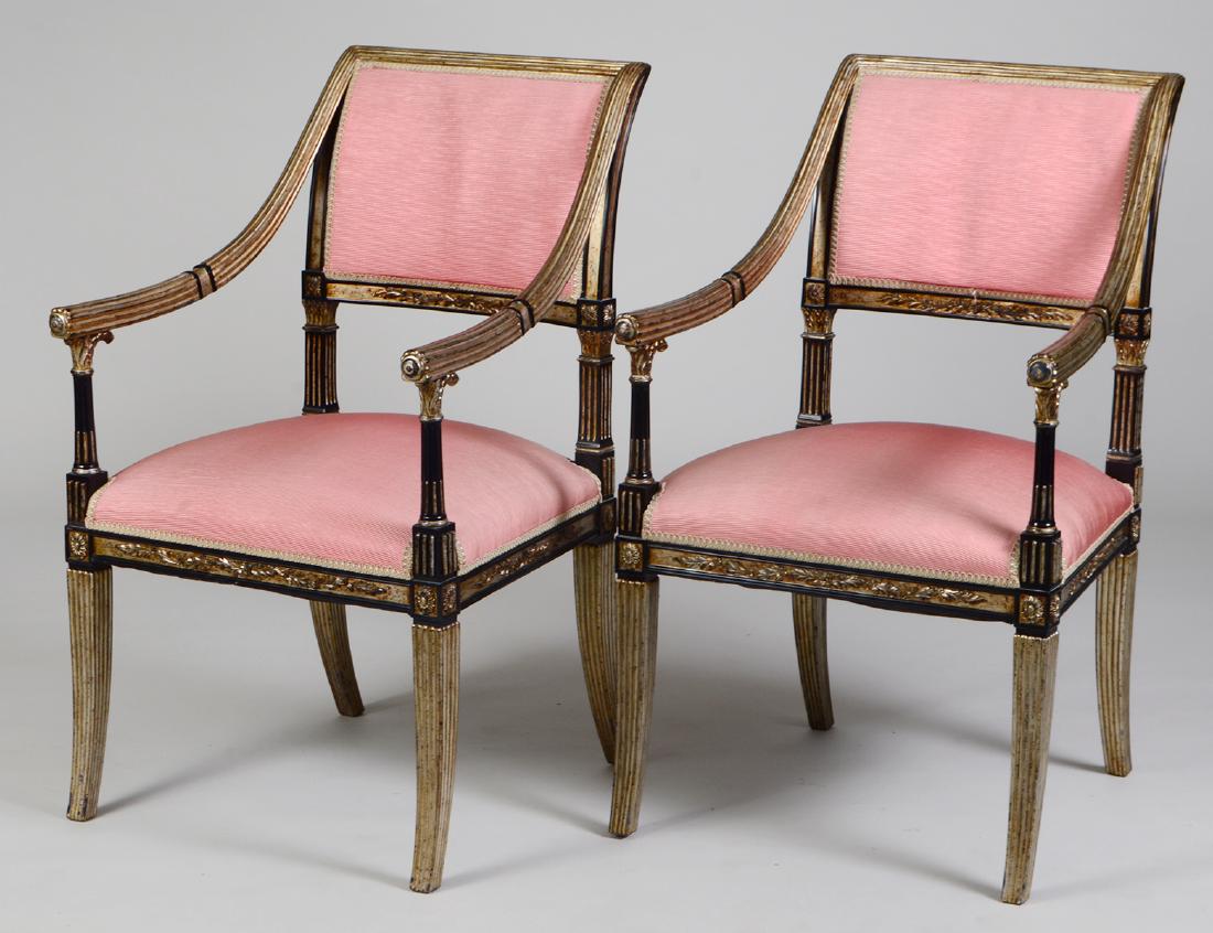 PAIR OF REGENCY STYLE SILVER GILT & EBONIZED ARMCHAIRS (1 of 2)
