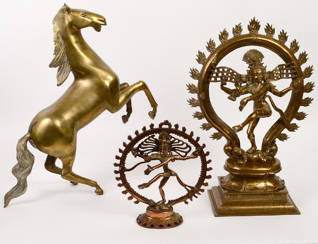 TWO INDIAN BRONZE DIETIES AND A BRASS STALLION (1 of 2)