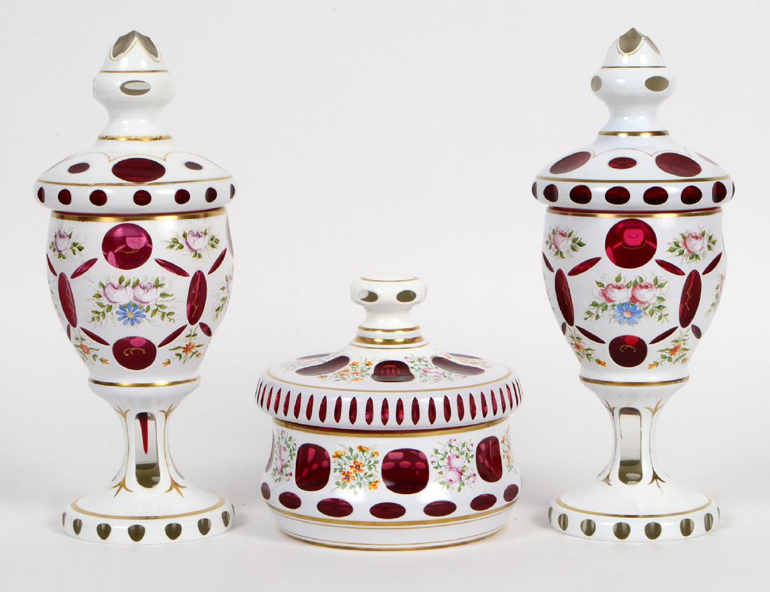 BOHEMIAN GLASS THREE-PIECE GARNITURE (1 of 2)