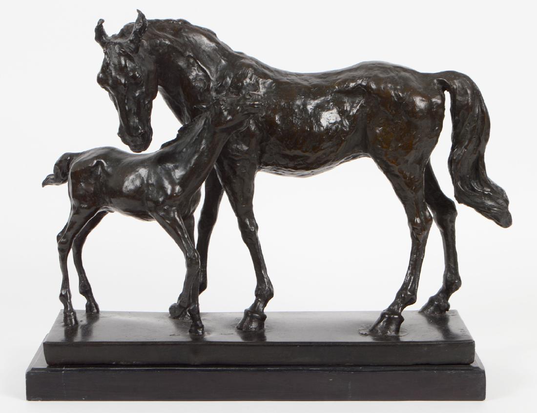 AFTER AUGUSTE RUBIN (French. 1841-1909): “Mare and Her Foul”. Incised Rubin. Bronze with Dark Brown Patina, Patinated Metal Base. Height 13”. Width 17”. Depth 5 ½”. (700/900)