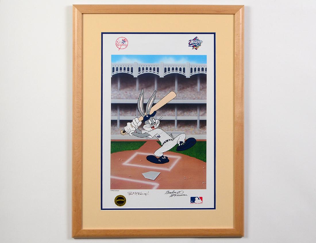 LOONEY TOONS ANIMATION ART: “Batter Up Bugs”. Signed by Robert McKimson Jr and Robert McKimson. Circa 1998. Bears Major League Baseball Seal l/r. Bears Loony Tunes seal l/l. Numbered 1754/2375. Lithograph in Colors. Measurin