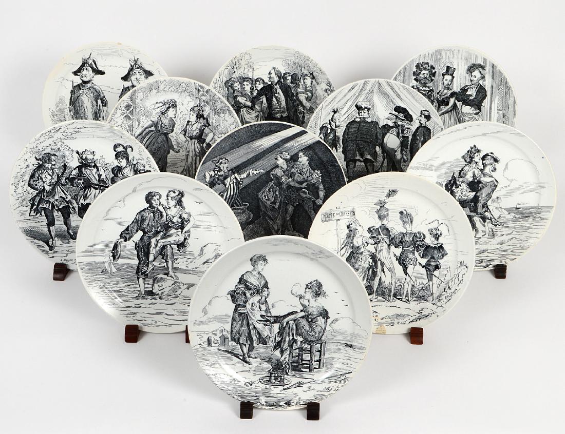 SET OF ELEVEN FRENCH TRANSFER PRINTED EARTHENWARE: Late 19th Century. The undersides marked Criel et Montereau, and titled. Each decorated with a scene from an Opera Buffa. Diameter 8”. (Cond: minor loss to surface decoration on some, otherwise good