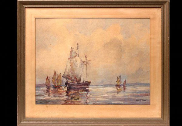 John Cuthbert Hare, American 1908-1978 Waterco: John Cuthbert Hare, American 1908-1978. Adjacent to Cape Cod. Watercolor on paper. Signed lower right. Verso bears old typed label and Framer's label from "Hall & Famous, works of art, 1823 Chestnut S