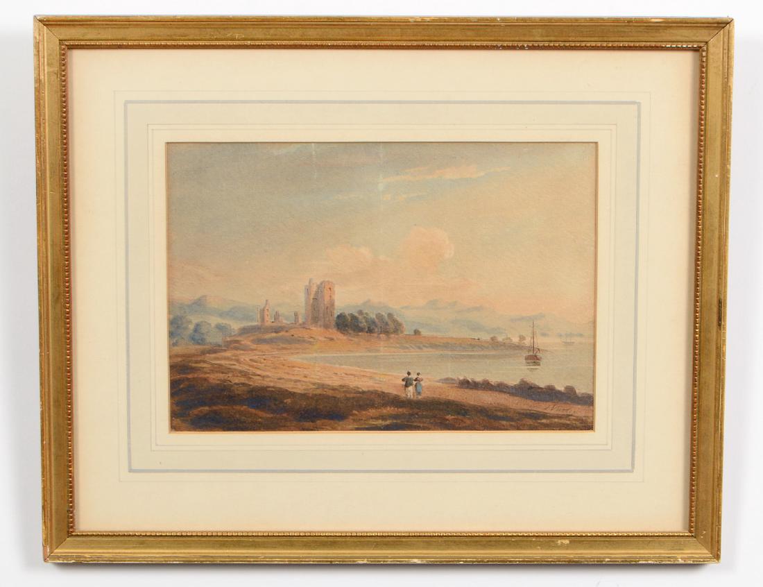JOHN VARLEY, JR. (English. 1850-1933): "Cowall Castle on the Clyde". Signed "J. Varley" l/r. Watercolor on Paper. Measuring 6 1/2" by 9 1/2". Verso bears label from "T. Agnew & Sons, London". Framed behind glass. (200/300)