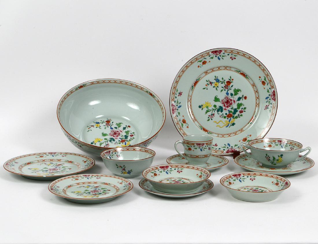 PUIFORCAT 116 PIECE “KAI FENG” PORCELAIN DINNER SERVICE: 20th Century. Each piece marked on the underside. Decorated with foliage in a famille rose palette. Comprising: 12 dinner plates, 11 luncheon plates, 5 dessert plates, 12 bread plates, 4 small shallow