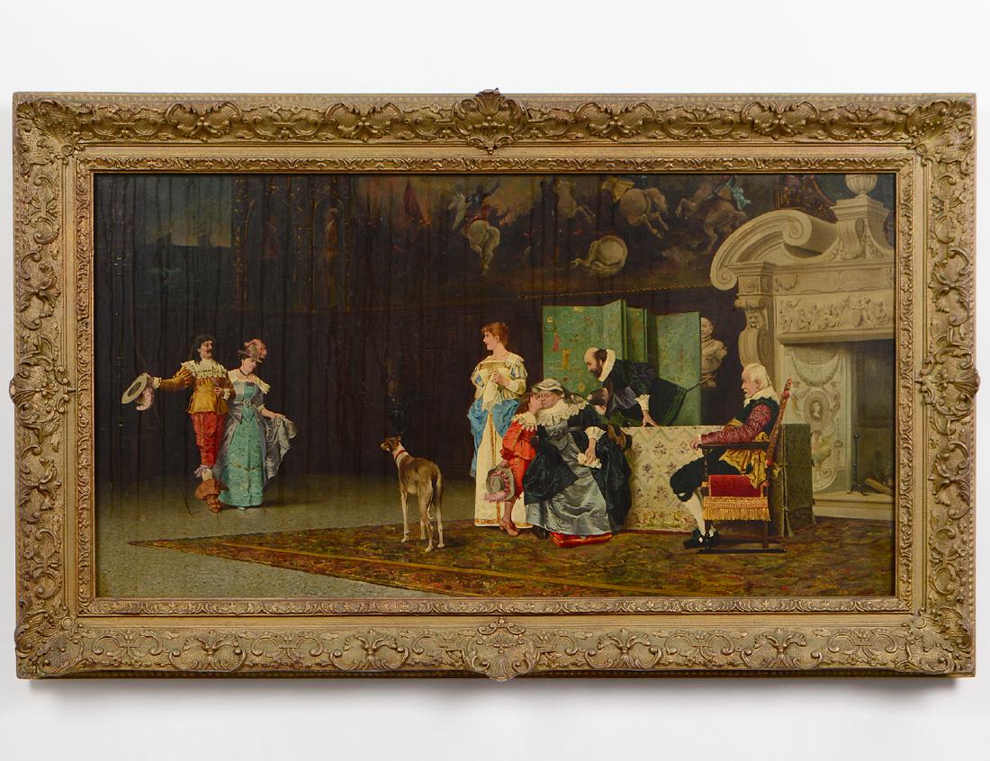 GIOVANNI GARINEI (Italian. Born 1846): "The Grand Entrance". Signed "Garnei 1886" l/r. Oil on Wood Panel. Measuring 18" by 33 1/2". Verso bears old label to stretcher "Flor & Findel Picture Dealers, Florence Italy". In a period rococo fram