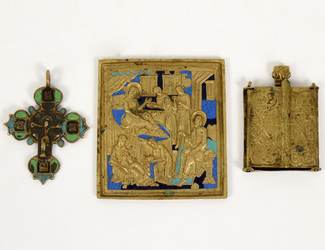 THREE RUSSIAN ENAMEL AND BRASS TRAVELLING ICONS (1 of 4)