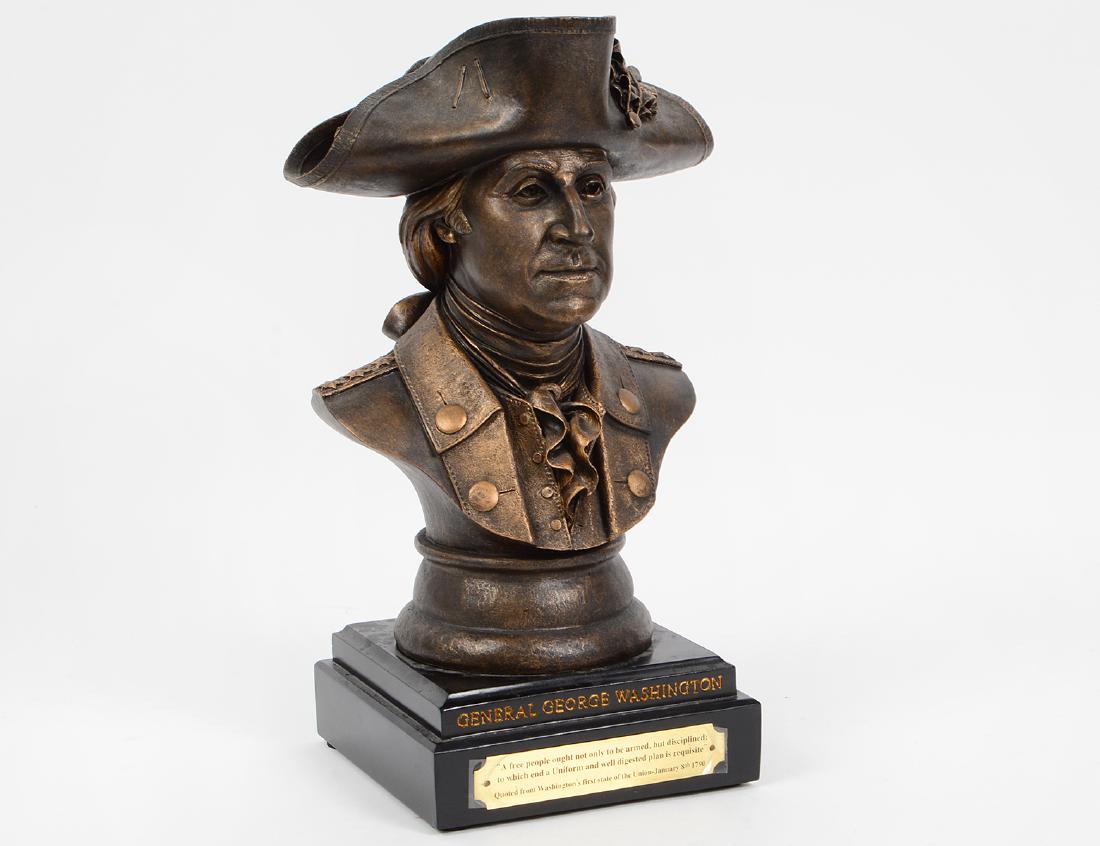 FRIENDS OF THE NRA BUST OF GEORGE WASHINGTON: Created by and signed Rick Terry. Bronze clad, # 3068. On an ebonized base. Height 11 ¾”. (Cond: good) (100/200)