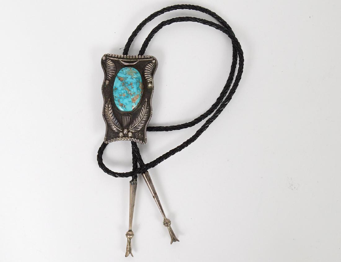 NATIVE AMERICAN SILVER AND TURQUOISE BOLO TIE (1 of 3)