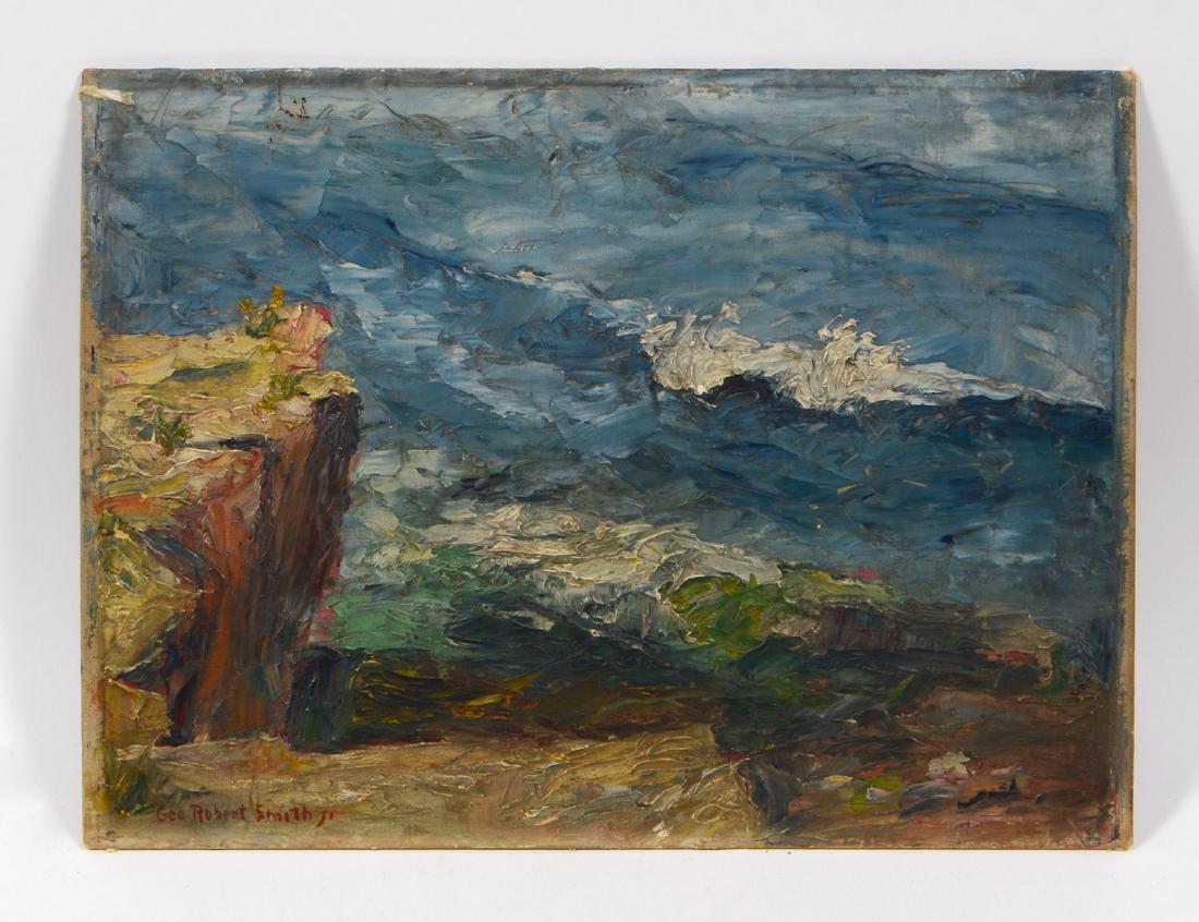 GEORGE ROBERT SMITH, JR. (American. Born 1889): "Rocky Coastline". Signed lower left. Oil on Board. Measuring 12" by 16". Unframed. (Cond: will need cleaning) (150/200)