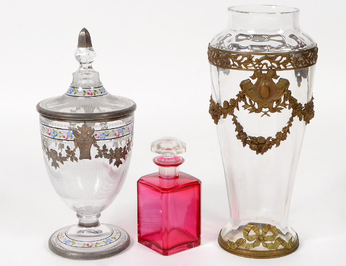 SILVER INSET GLASS COVERED URN & METAL MOUNTED VASE (1 of 4)