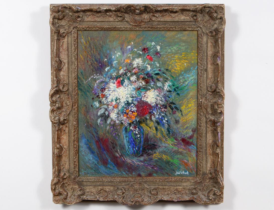 20th CENTURY, FlORAL STILL LIFE, OIL ON CANVAS: 20th Century, "Floral Still Life". Indistincty signed lower right. Probaly Zwiebel. Oil on Canvas laid down to a board. Measuring 22" by 18", overall 28.5" by 24.5". Rococo style, gesso cast frame. (3
