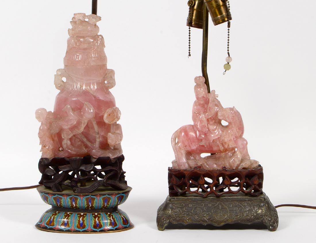 TWO CHINESE ROSE QUARTZ FIGURAL LAMPS (1 of 7)