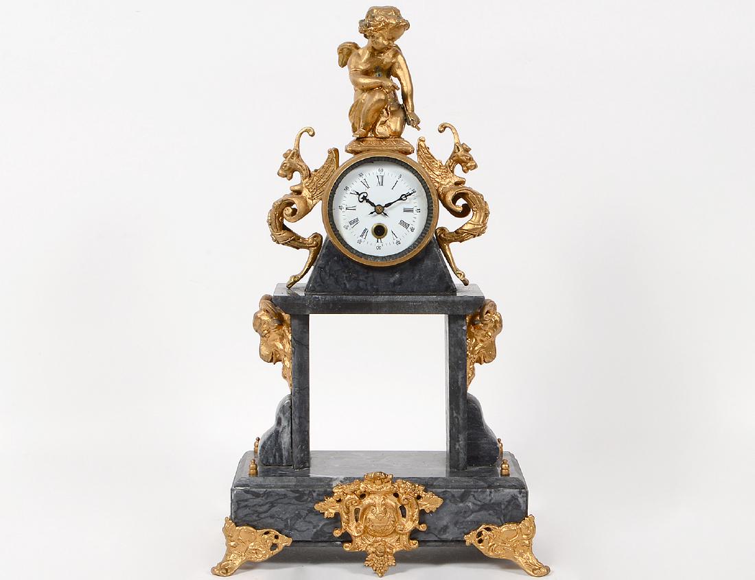 LOUIS XV STYLE GILT BRONZE AND MARBLE MANTLE CLOCK (1 of 6)