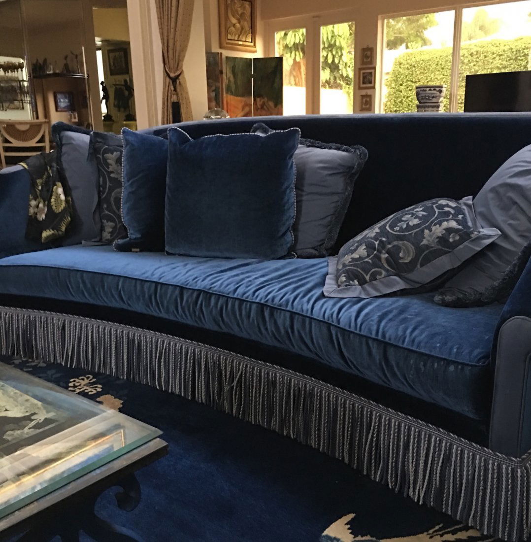 PAIR BLUE VELVET CRESCENT SHAPED SOFAS (1 of 2)