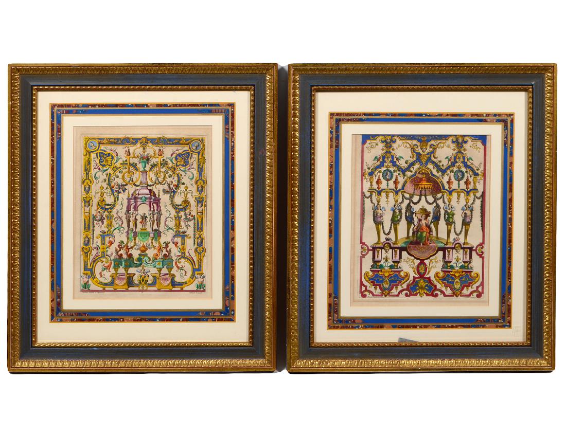 AFTER JEAN BERAIN (French. 1640-1711): "Arabesques & Grotesques". Published 1700. Engraved by M. Daigremont and Juan Dolivar. Later hand colored. Pair of Copper Engravings, both with marbled French mats, in gilt frames. Measuring 13" by 10
