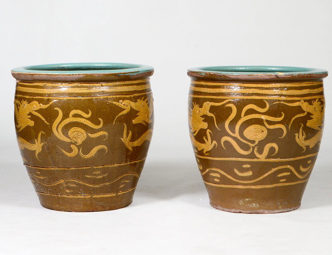 ASSEMBLED PAIR CHINESE STONEWARE DRAGON PLANTERS (1 of 6)