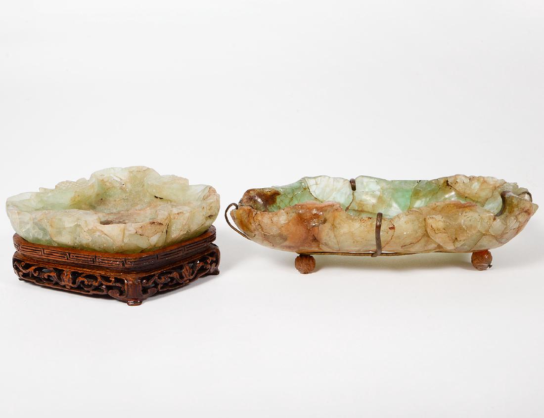 TWO CHINESE GREEN FELTSPAR LEAF-FORM BRUSH WASHERS (1 of 5)