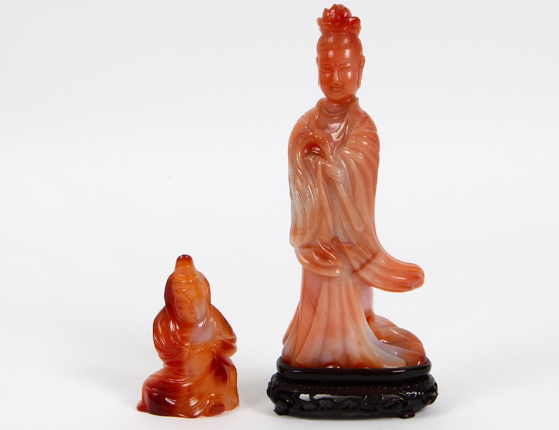 CHINESE CARNELIAN FIGURES OF QUANYIN AND DEVOTEE (1 of 4)