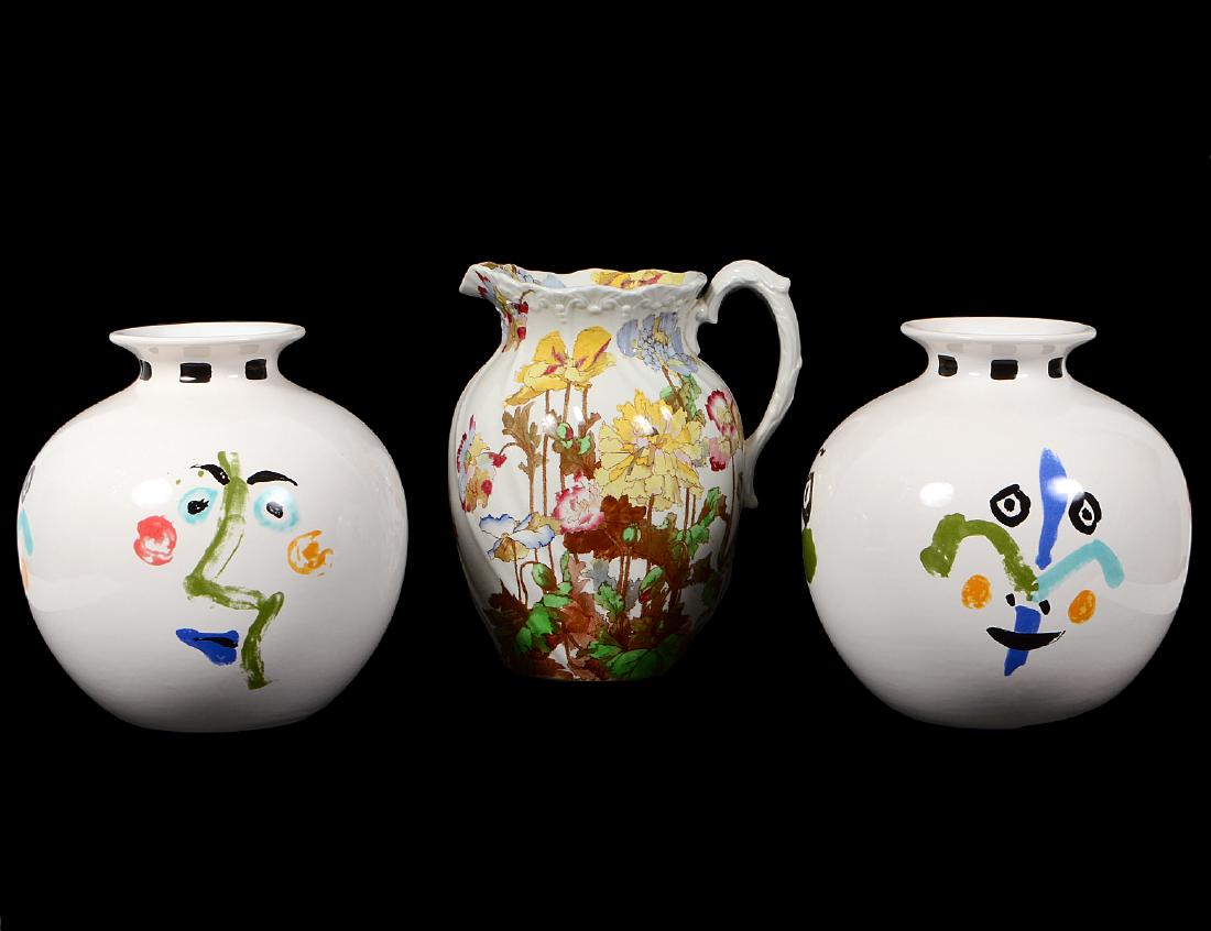 PAIR OF "PICASSO FACE PAINTED" EARTHENWARE VASES: Modern, Marked, "Masterpiece Editions Ltd. Picasso Living, Face 1963, PP-!, PP-4, PP-7,1966 Succession Pablo Picasso. Each spherical vase with two 'painted' faces. Together with a Staffordshire transf