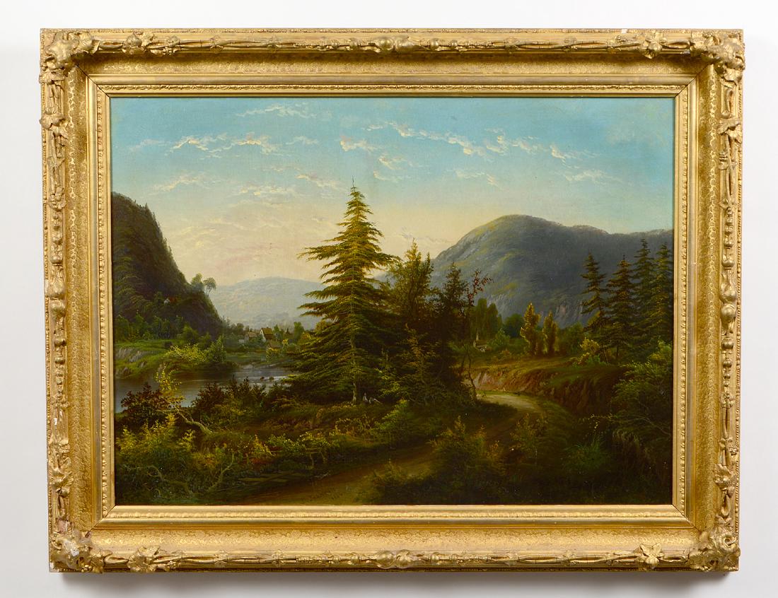 DAVID JOHNSON (American. 1827-1908): "Hudson River Landscape". Signed "D. Johnson" and dated 1874 l/l. Oil on Canvas. Measuring 22" by 30". Period gesso cast exhibition frame. (Cond: old varnish, some crazing, minor chip to paint, some i