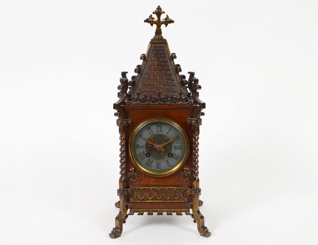 GOTHIC STYLE METAL MOUNTED WOOD MANTEL CLOCK (1 of 5)
