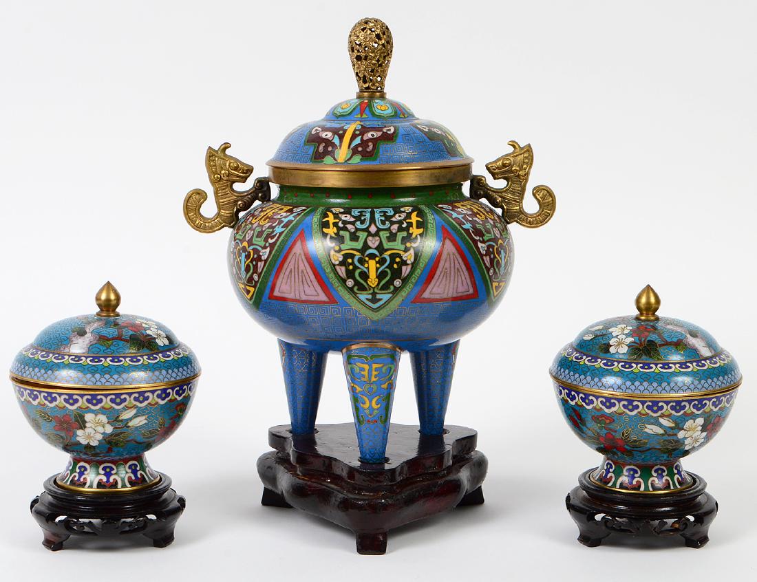 CHINESE CLOISIONNIE TRIPOD CENSOR & A PAIR OF JARS (1 of 16)