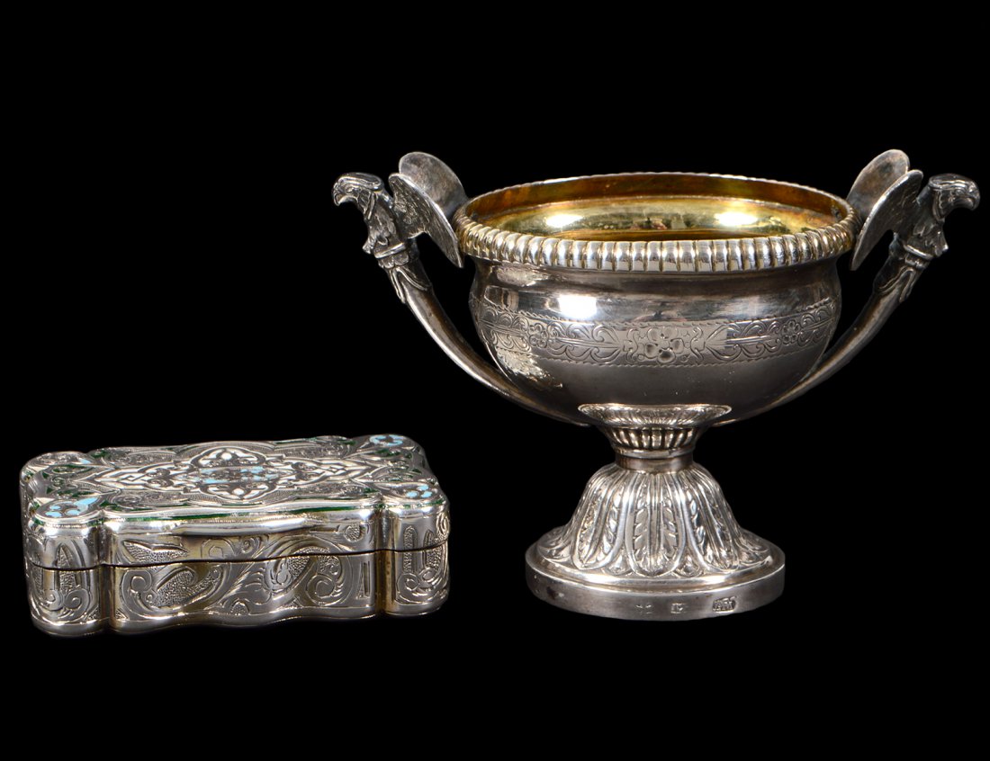 SILVER CIGARETTE URN & AN ENAMEL & SILVER BOX (1 of 6)