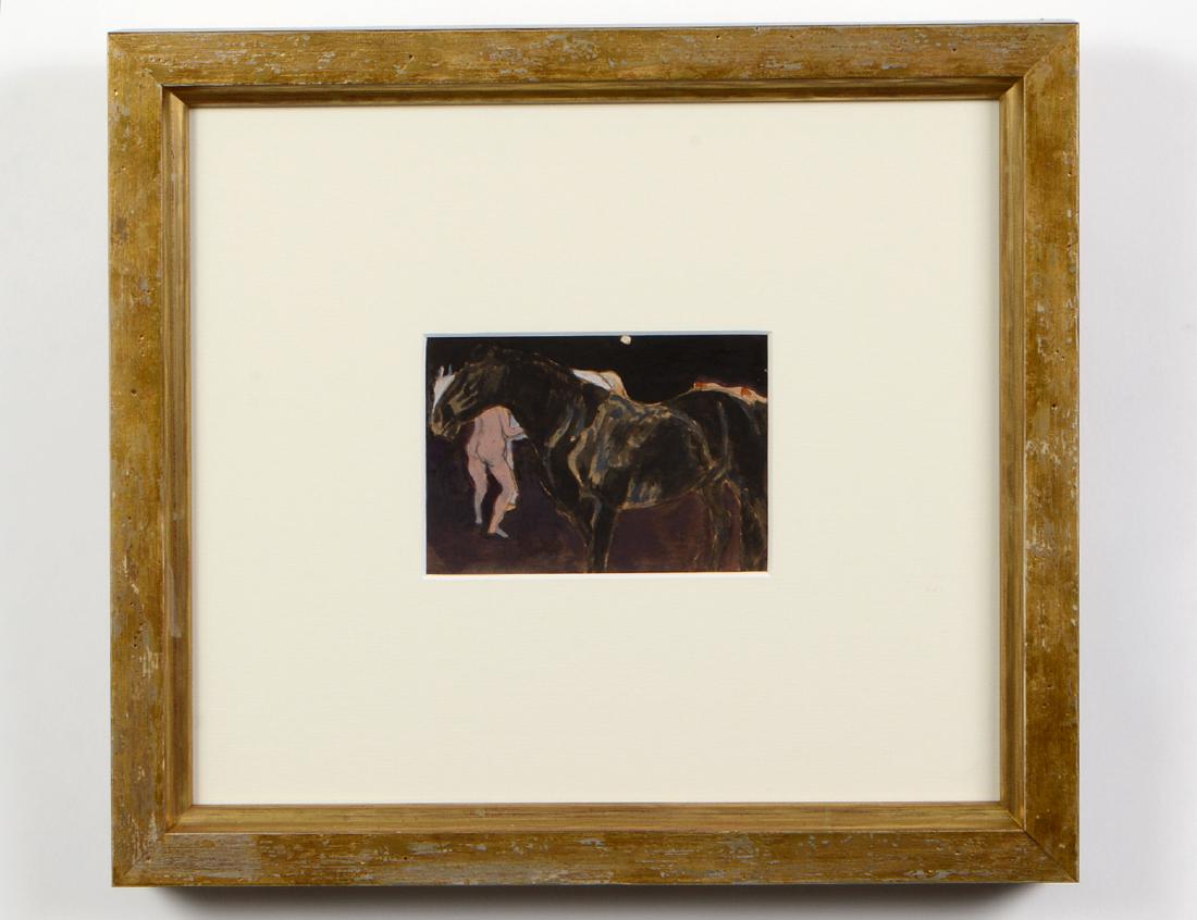 SUSAN HERTEL (American. 1930-1992): "Horse, Dog and Nude with Moon". Signed "S. Hertel" in pencil l/l. Acrylic on Board. Measuring 3 3/4" by 5". Framed. (200/300) Provenance: Horwitch Lew Allen Gallery, Santa Fe, New Mexico