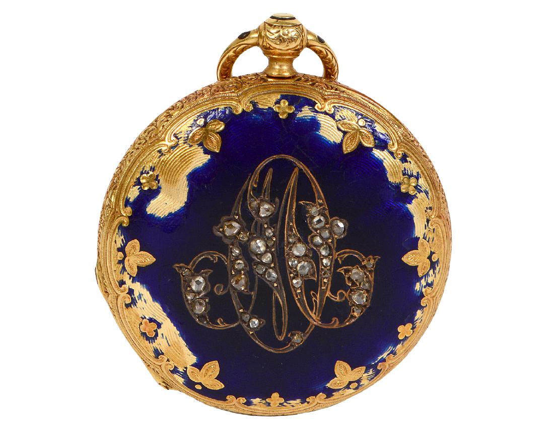 ANTIQUE FRENCH LADIES 18 KT GOLD & BLUE ENAMEL WITH (1 of 6)