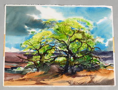 LAURENCE SISSON (American. 1928-2015): "Spring Cottonwoods". Signed l/l. Verso signed, titled, dated July 8th, 1997 and inscribed "a gift to Derek Phoenix on his birthday from the artist. Watercolor on Paper. Measuring 23" BY 30 1/4". Loos