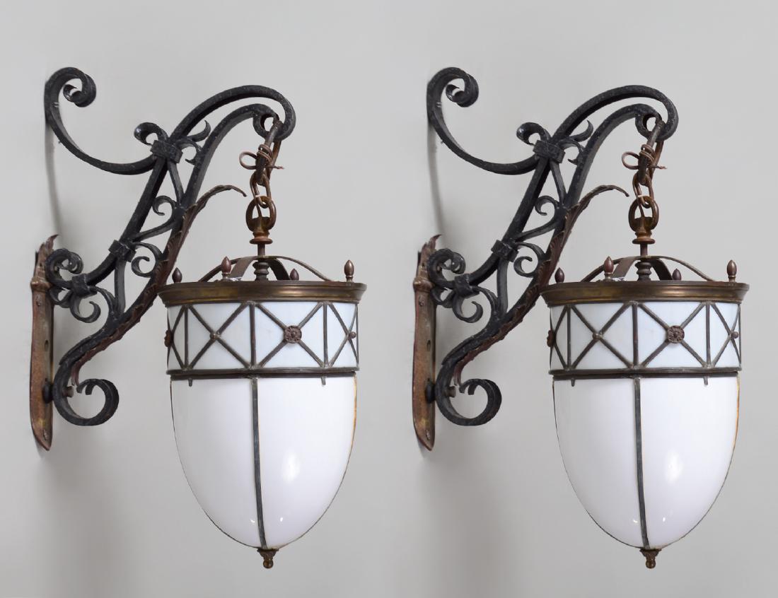 PAIR OF SCROLLED IRON & OPALINE GLASS LIGHT FIXTURES (1 of 5)