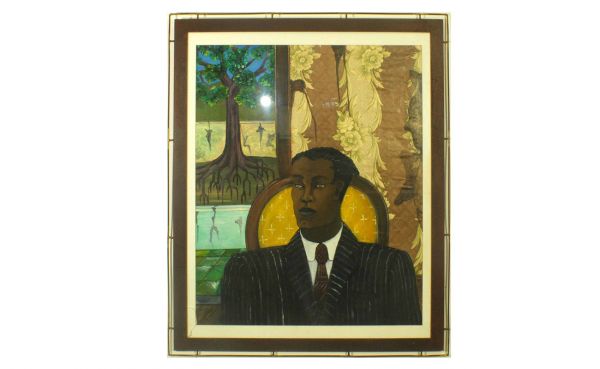 Edouard Duvall Carrie, Haiti, b. 1954, "The Senato: Edouard Duvall Carrie, Haiti, b. 1954, "The Senator" Mixed Media with Collage, Signed Lower Right – EDC 74, and Measuring 36 Inches by 29 Inches. Matted Under Glass (Broken lower left Corner) and Mo