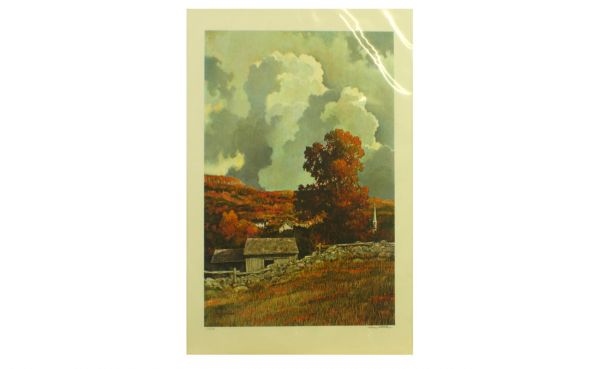 Eric Sloane, American, 1910-1985, "Barn and Countr: Eric Sloane, American, 1910-1985, "Barn and Country Landscape" Colored Lithograph 700/950, Signed Lower Right in Pencil in Margin, and Measuring 24 Inches by 19 ¼ Inches. Cello Wrapped but Unframed.
