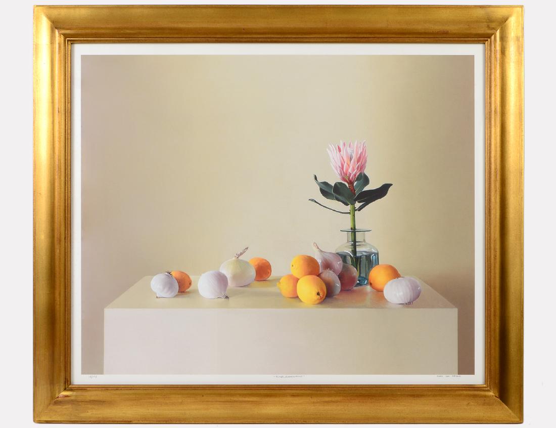 PETER VON ARTENS (Argentinian. 1927-2003): "Flowers, Lemons, and Onions". Signed, titled and numbered 14/125 in pencil in the lower margin. Giclee on Paper. Image measuring 29" by 35 3/4". Has margins. Presented in a gold frame behind Plexigla