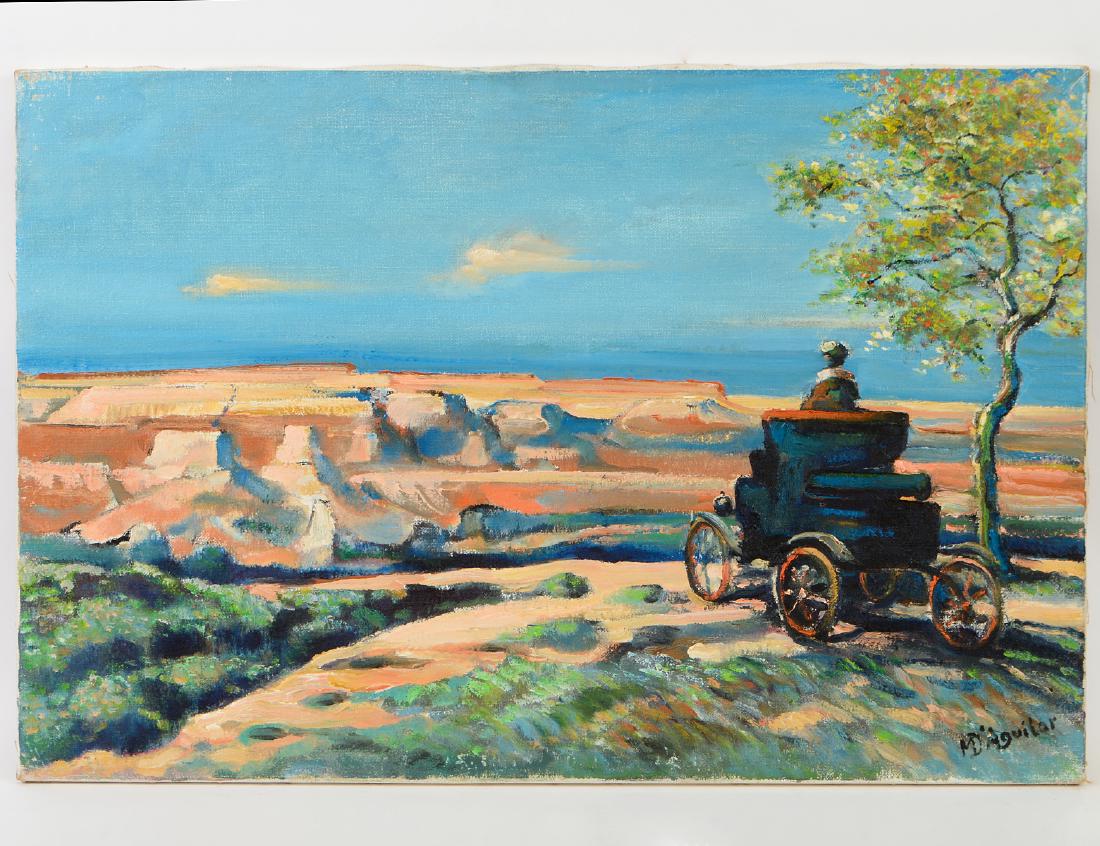 MICHAEL D'AGUILAR (English. 1922-2011): "Grand Canyon, Arizona". Signed l/r. Verso signed, titled and dated '82. Oil on Canvas. Measuring 24" by 36". Unframed. (Cond: some light abrasions upper left corner)