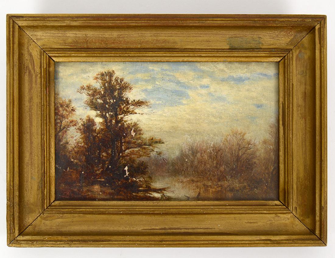 DAVID JOHNSON (American. 1827-1908): "River Landscape". Monogrammed lower left and dated ‘76.Oil on Board. Measuring 5" by 7". In a Period frame. (Cond: surface has crazing and small chips to paint, will need cleaning and restoration)