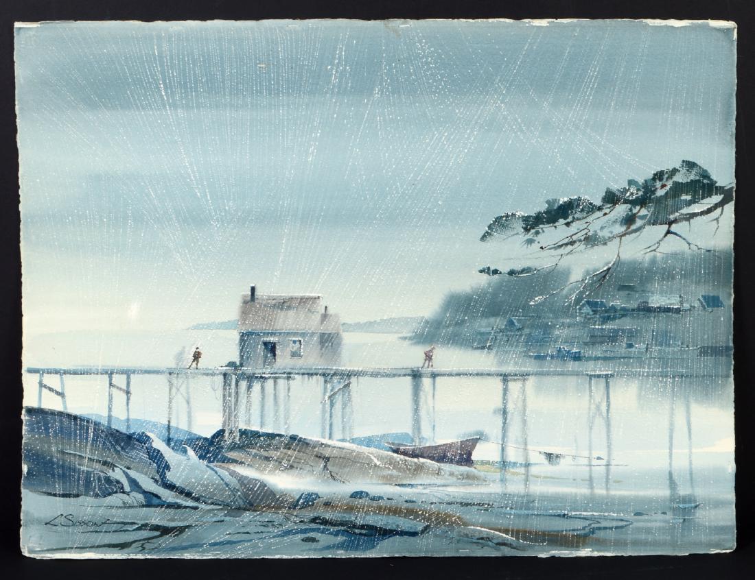 LAURENCE PHILIP SISSON (American. 1928-2015): "Footbridge Sleet". Signed l/l. Verso signed, titled and inscribed "a gift to Derek Phoenix from the artist, July 8th, 1996. Watercolor on Paper. Measuring 22 1/2" by 30". Loose and unframed. (Cond: g