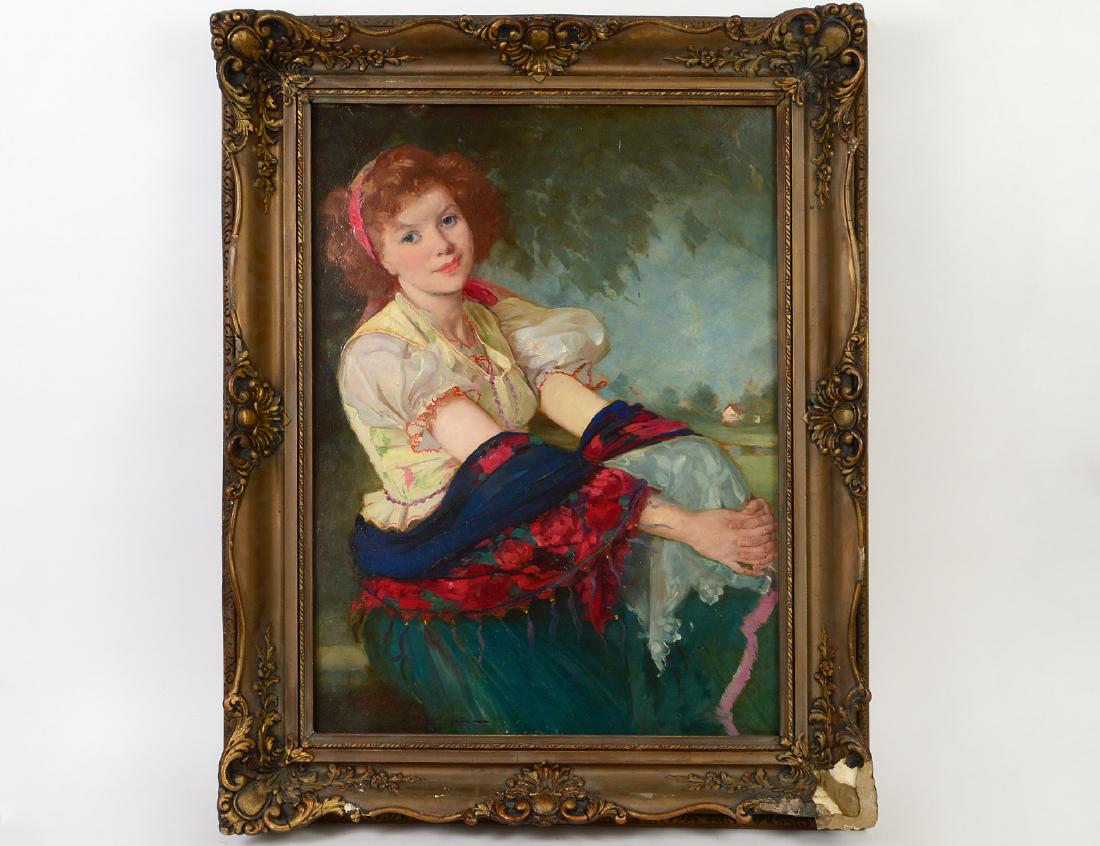 MARIA SZANTHO (Hungarian. 1897-1998): "Red Head Beauty". Signed l/l. Oil on Board. Measuring 31 1/2" by 23 1/2". Framed. (Cond: losses)
