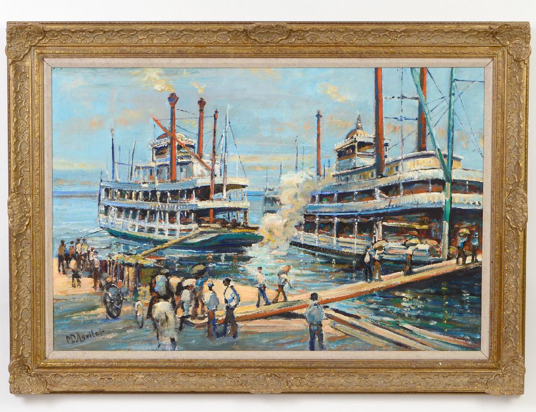 MICHAEL D'AGUILAR (English. 1922-2011): "Mississippi Steamers Loading Cotton". Signed l/l. Verso signed and titled by the artist on canvas. Oil on Canvas. Measuring 24" by 36". Rococo style frame. (Cond: good)
